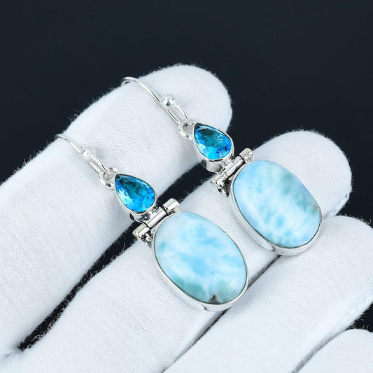 Dominican Larimar & Blue Topaz Earrings | 925 Sterling Silver | Handmade Caribbean Gemstone Dangle Earrings