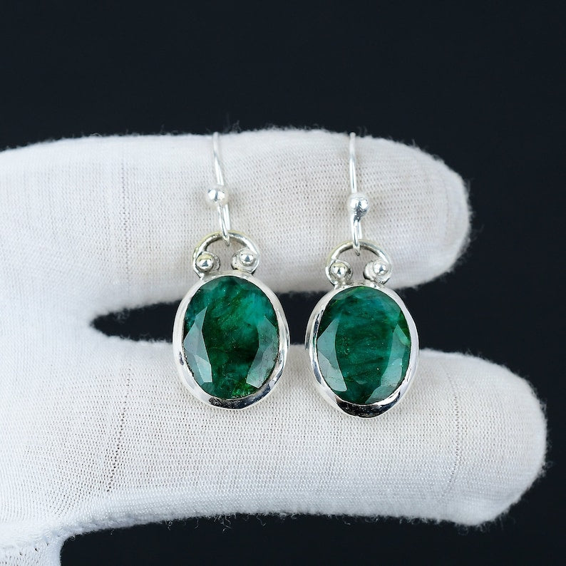 Emerald Earrings | 925 Sterling Silver | Handmade Green Gemstone Earrings | May Birthstone Jewelry