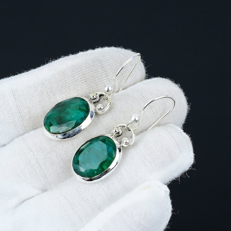 Emerald Earrings | 925 Sterling Silver | Handmade Green Gemstone Earrings | May Birthstone Jewelry