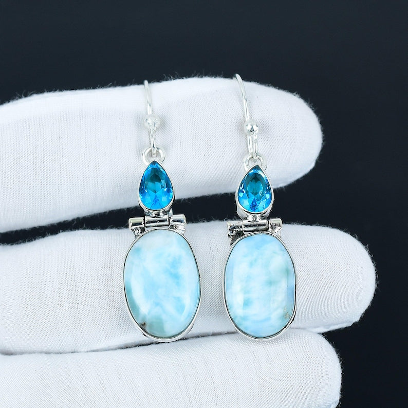 Dominican Larimar & Blue Topaz Earrings | 925 Sterling Silver | Handmade Caribbean Gemstone Dangle Earrings