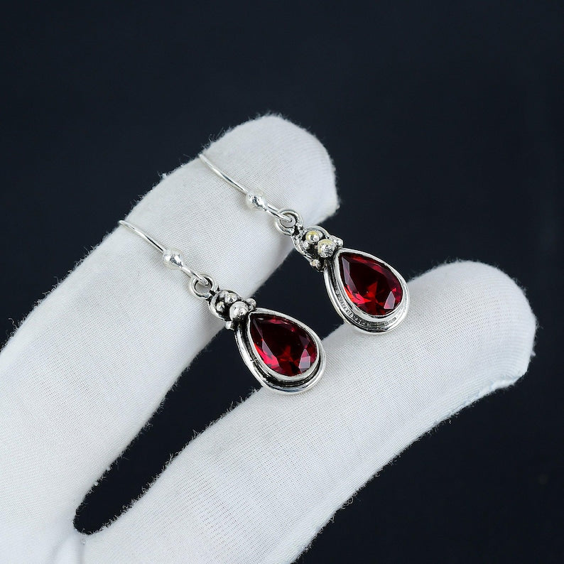 Garnet Earrings | 925 Sterling Silver | Handmade Red Gemstone Earrings | January Birthstone Jewelry