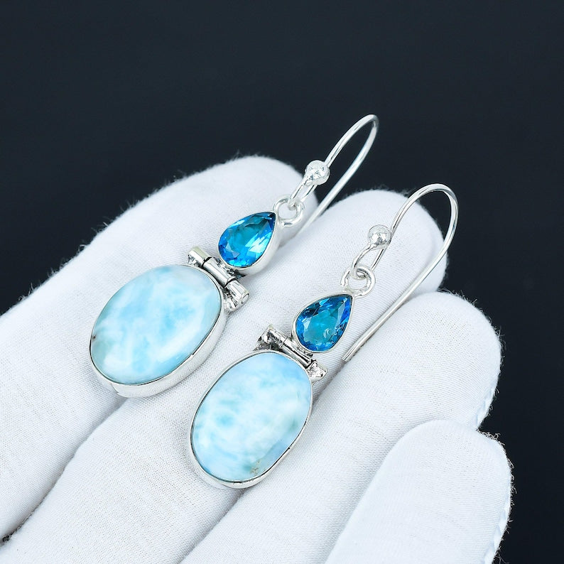 Dominican Larimar & Blue Topaz Earrings | 925 Sterling Silver | Handmade Caribbean Gemstone Dangle Earrings