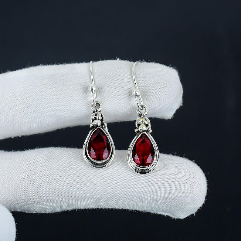 Garnet Earrings | 925 Sterling Silver | Handmade Red Gemstone Earrings | January Birthstone Jewelry