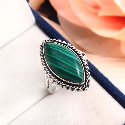 Malachite Gemstone Ring | 925 Sterling Silver | Handmade Green Stone Ring