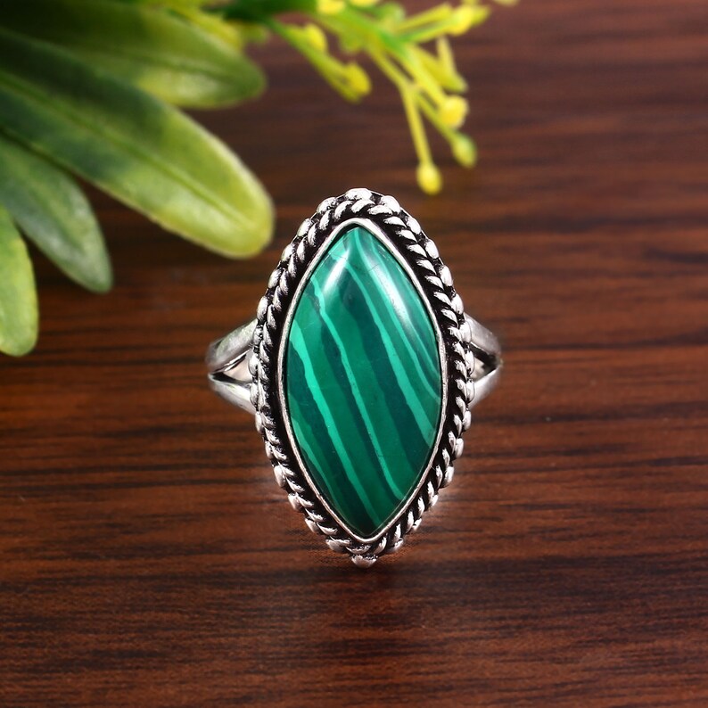 Malachite Gemstone Ring | 925 Sterling Silver | Handmade Green Stone Ring