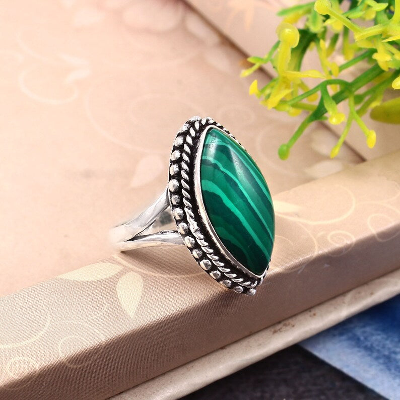 Malachite Gemstone Ring | 925 Sterling Silver | Handmade Green Stone Ring