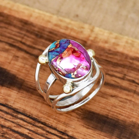 Kingman Pink Dahlia Turquoise Ring | 925 Sterling Silver | Turquoise Statement Ring | Southwestern Jewelry