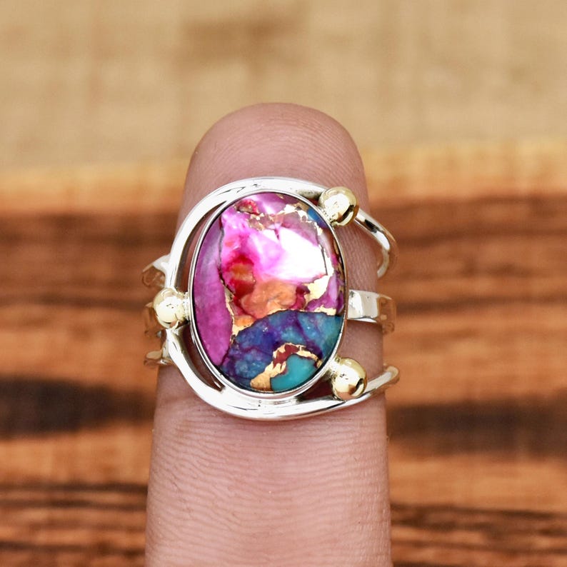 Kingman Pink Dahlia Turquoise Ring | 925 Sterling Silver | Turquoise Statement Ring | Southwestern Jewelry