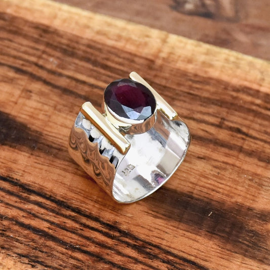 Garnet Two-Tone Hammered Ring | 925 Sterling Silver | January Birthstone Jewelry | Handmade Boho Statement Ring