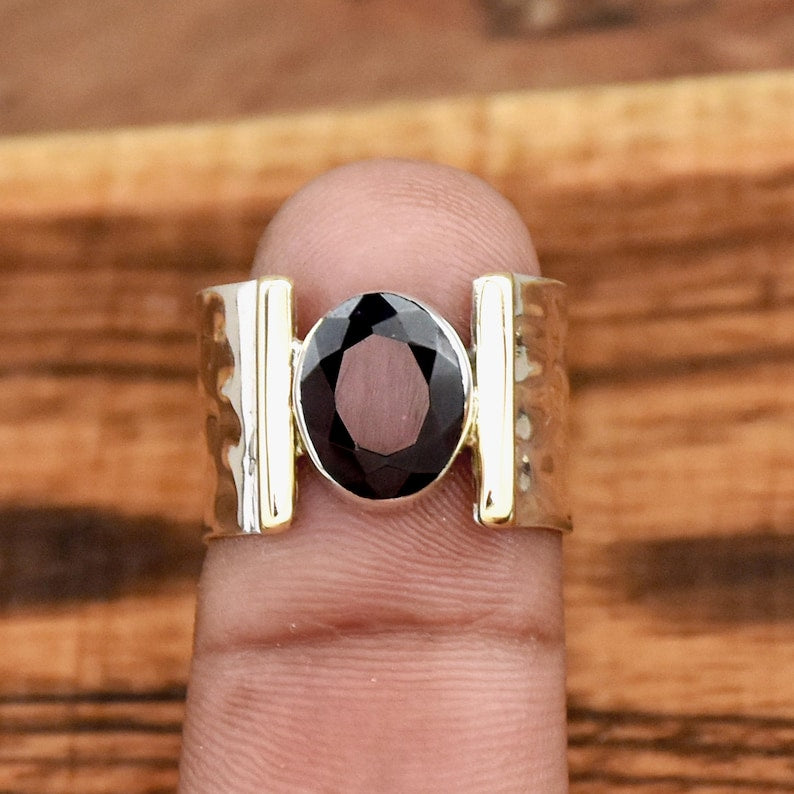 Garnet Two-Tone Hammered Ring | 925 Sterling Silver | January Birthstone Jewelry | Handmade Boho Statement Ring