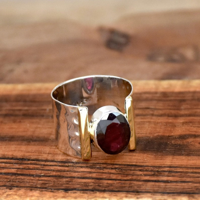 Garnet Two-Tone Hammered Ring | 925 Sterling Silver | January Birthstone Jewelry | Handmade Boho Statement Ring
