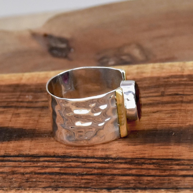 Garnet Two-Tone Hammered Ring | 925 Sterling Silver | January Birthstone Jewelry | Handmade Boho Statement Ring