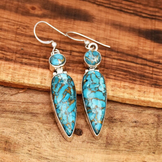 Blue Copper Turquoise Dangle Earrings | 925 Sterling Silver Earrings | Handmade Boho Earrings | Statement Gemstone Jewelry