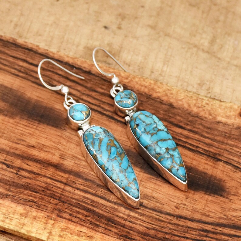 Blue Copper Turquoise Dangle Earrings | 925 Sterling Silver Earrings | Handmade Boho Earrings | Statement Gemstone Jewelry