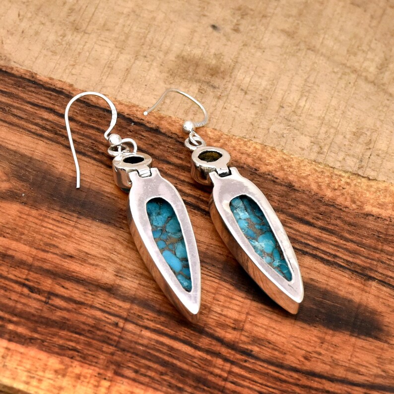 Blue Copper Turquoise Dangle Earrings | 925 Sterling Silver Earrings | Handmade Boho Earrings | Statement Gemstone Jewelry