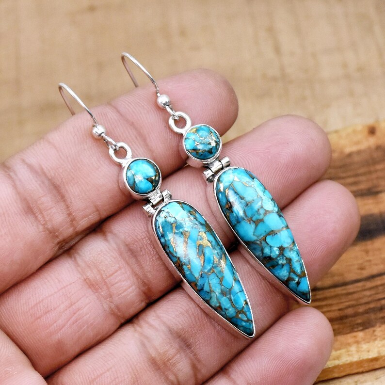 Blue Copper Turquoise Dangle Earrings | 925 Sterling Silver Earrings | Handmade Boho Earrings | Statement Gemstone Jewelry