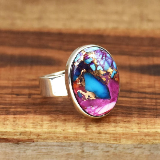 Kingman Pink Dahlia Turquoise Ring | 925 Sterling Silver Gemstone Ring | Handmade Statement Ring