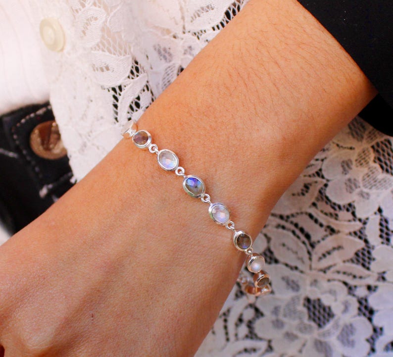 Labradorite & Rainbow Moonstone Bezel Bracelet | 925 Sterling Silver | Handmade Boho Jewelry | Healing Crystal Bracelet