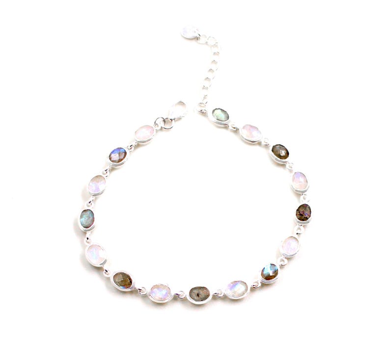 Labradorite & Rainbow Moonstone Bezel Bracelet | 925 Sterling Silver | Handmade Boho Jewelry | Healing Crystal Bracelet