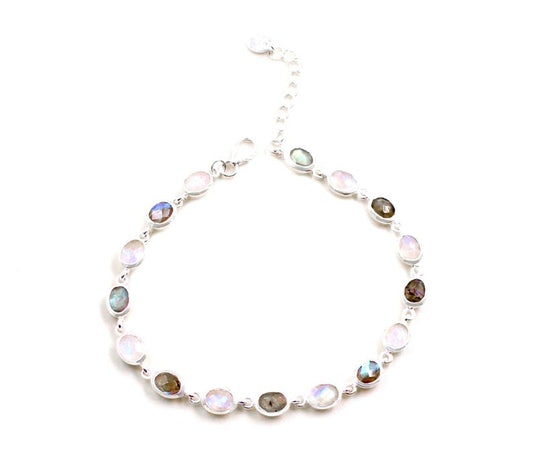 Labradorite & Rainbow Moonstone Bezel Bracelet | 925 Sterling Silver | Handmade Boho Jewelry |  Healing Crystal Bracelet