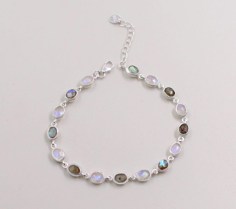 Labradorite & Rainbow Moonstone Bezel Bracelet | 925 Sterling Silver | Handmade Boho Jewelry | Healing Crystal Bracelet