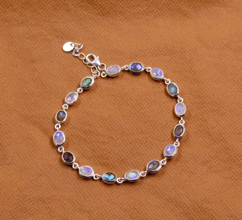 Labradorite & Rainbow Moonstone Bezel Bracelet | 925 Sterling Silver | Handmade Boho Jewelry | Healing Crystal Bracelet