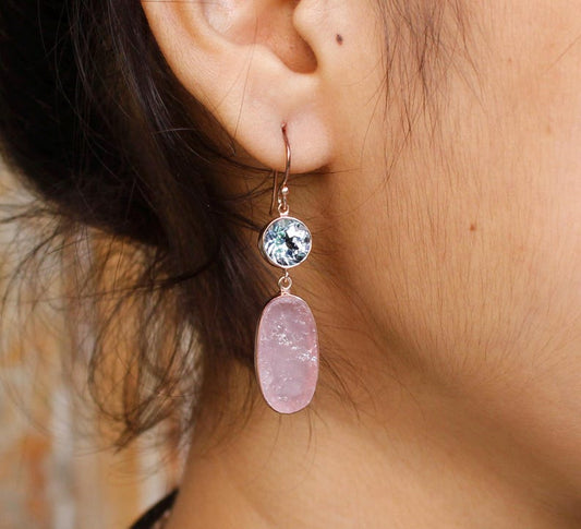 Rose Quartz & Blue Topaz Earrings | Raw Rose Quartz & Faceted Blue Topaz | 925 Sterling Silver Handmade Dangle Earrings