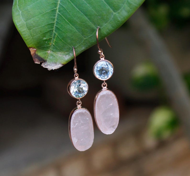 Rose Quartz & Blue Topaz Earrings | Raw Rose Quartz & Faceted Blue Topaz | 925 Sterling Silver Handmade Dangle Earrings