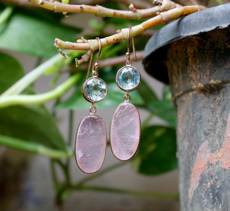Rose Quartz & Blue Topaz Earrings | Raw Rose Quartz & Faceted Blue Topaz | 925 Sterling Silver Handmade Dangle Earrings