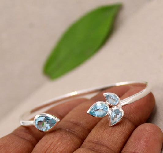 Blue Topaz Adjustable Bangle | 925 Sterling Silver Gemstone Cuff | Handmade Open Bracelet | December Birthstone Jewelry