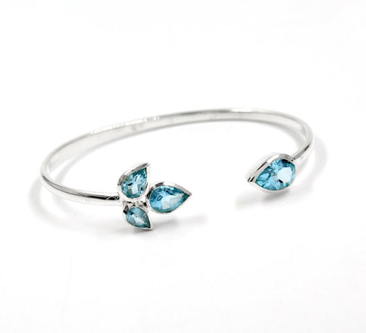 Blue Topaz Adjustable Bangle | 925 Sterling Silver Gemstone Cuff | Handmade Open Bracelet | December Birthstone Jewelry