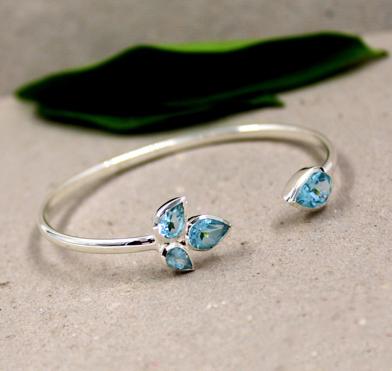 Blue Topaz Adjustable Bangle | 925 Sterling Silver Gemstone Cuff | Handmade Open Bracelet | December Birthstone Jewelry