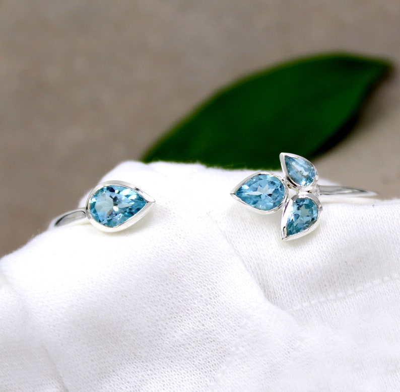 Blue Topaz Adjustable Bangle | 925 Sterling Silver Gemstone Cuff | Handmade Open Bracelet | December Birthstone Jewelry