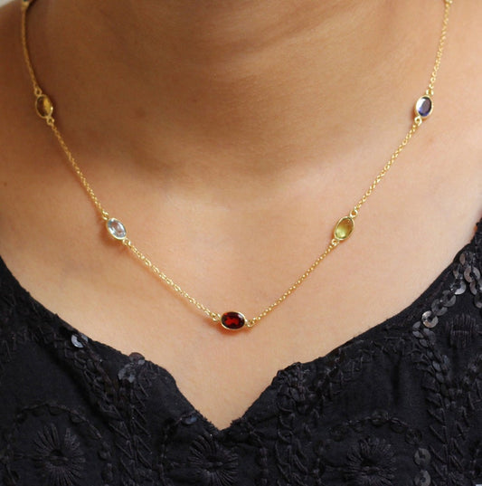 Multi-Gemstone Station Necklace | Gold Plated 925 Sterling Silver | Handmade Colorful Gemstone Necklace | Dainty Rainbow Jewelry | Gift for Her