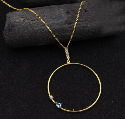 Eternity Circle Pendant Necklace | Blue Topaz & CZ Pendant | 925 Sterling Silver Chain Necklace | Handmade Gift for Her | Meaningful Gemstone Jewelry