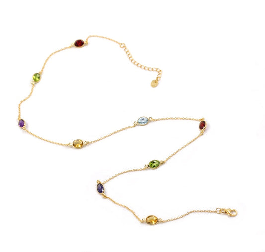 Multi-Gemstone Station Necklace | Gold Plated 925 Sterling Silver | Handmade Colorful Gemstone Necklace | Dainty Rainbow Jewelry | Gift for Her