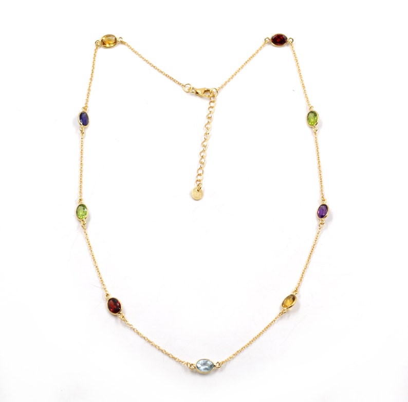 Multi-Gemstone Station Necklace | Gold Plated 925 Sterling Silver | Handmade Colorful Gemstone Necklace | Dainty Rainbow Jewelry | Gift for Her