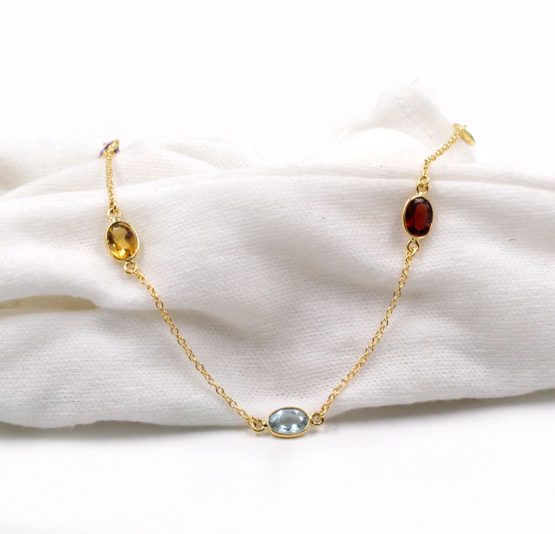 Multi-Gemstone Station Necklace | Gold Plated 925 Sterling Silver | Handmade Colorful Gemstone Necklace | Dainty Rainbow Jewelry | Gift for Her
