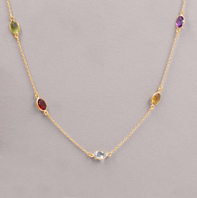 Multi-Gemstone Station Necklace | Gold Plated 925 Sterling Silver | Handmade Colorful Gemstone Necklace | Dainty Rainbow Jewelry | Gift for Her