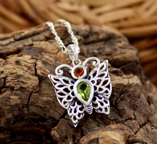 Butterfly Pendant Necklace | Peridot & Garnet Gemstone | 925 Sterling Silver Chain | Handmade Nature-Inspired Jewelry | Gift for Her | August & January Birthstone