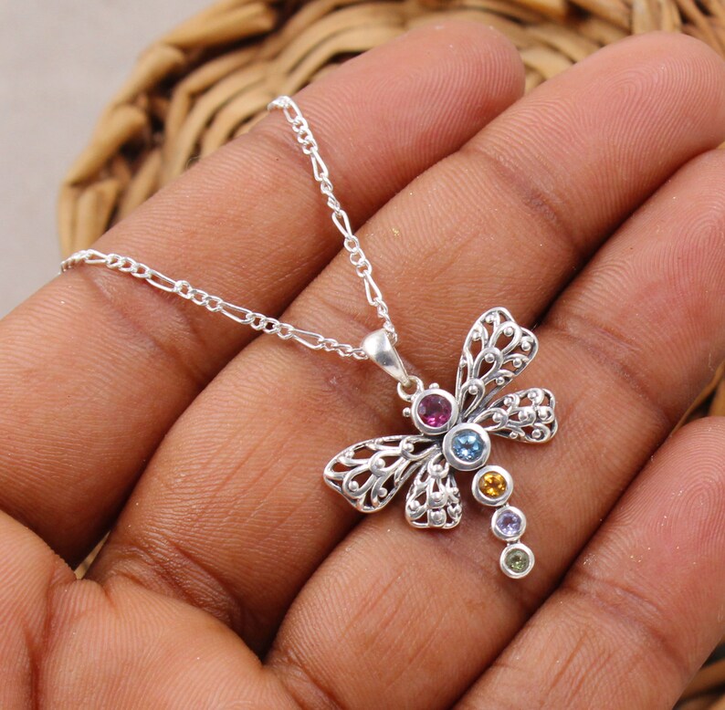 Butterfly Multi-Stone Pendant | Blue Topaz, Citrine & Peridot Necklace | 925 Sterling Silver Chain Pendant | Handmade Gemstone Jewelry
