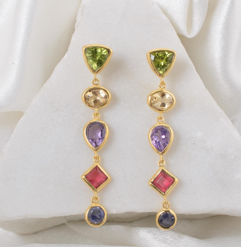 Citrine, Amethyst & Peridot Earrings | 925 Sterling Silver Gemstone Dangle Earrings
