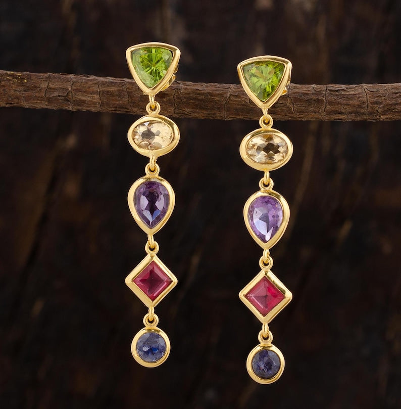 Citrine, Amethyst & Peridot Earrings | 925 Sterling Silver Gemstone Dangle Earrings
