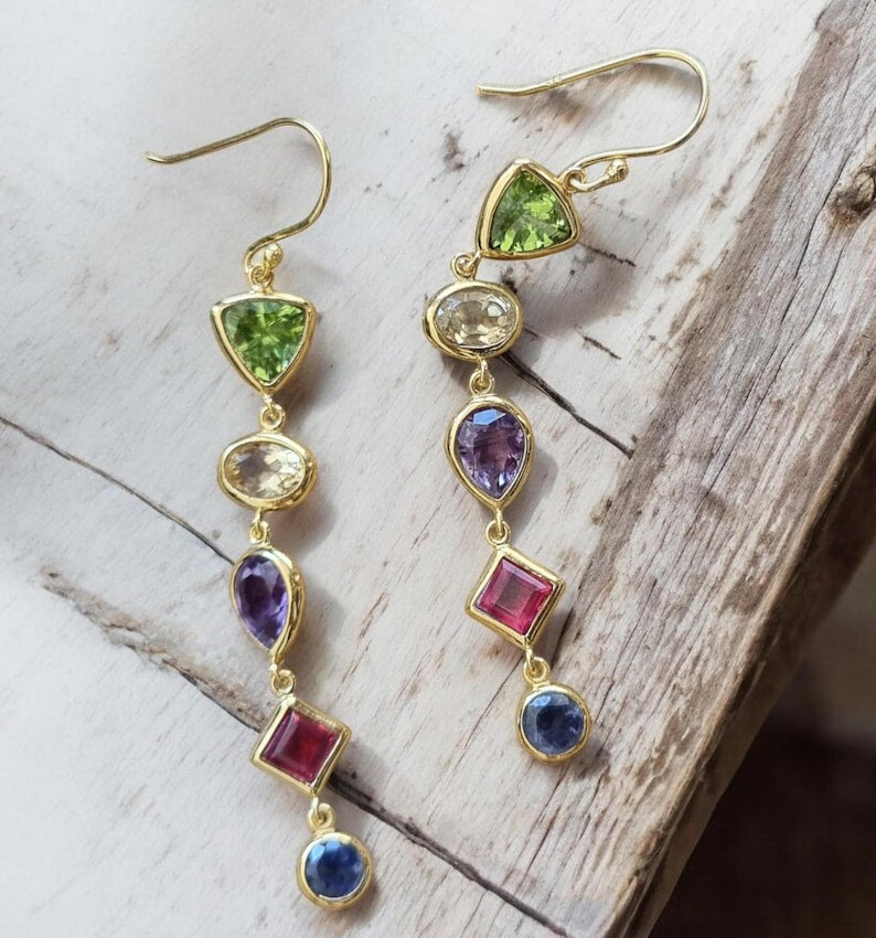 Citrine, Amethyst & Peridot Earrings | 925 Sterling Silver Gemstone Dangle Earrings