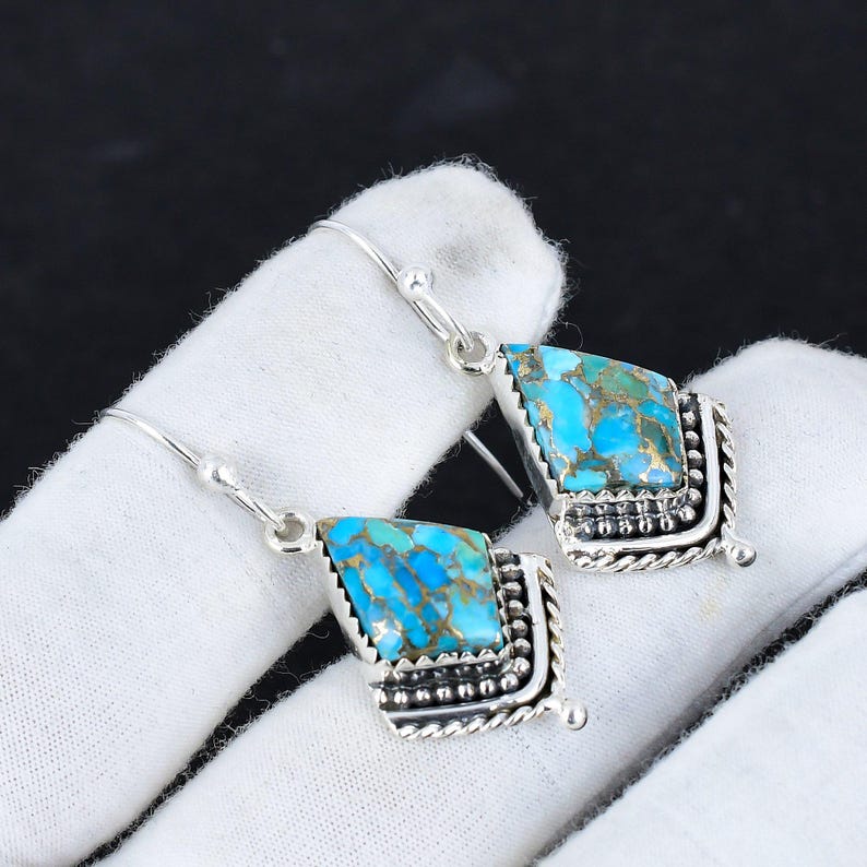 Blue Copper Turquoise Earrings | 925 Sterling Silver | Handmade Gemstone Dangle Earrings