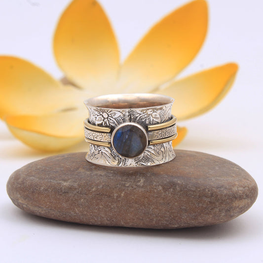 Labradorite Spinner Ring | 925 Sterling Silver Meditation Ring | Handmade Fidget Ring | Anxiety Relief Jewelry