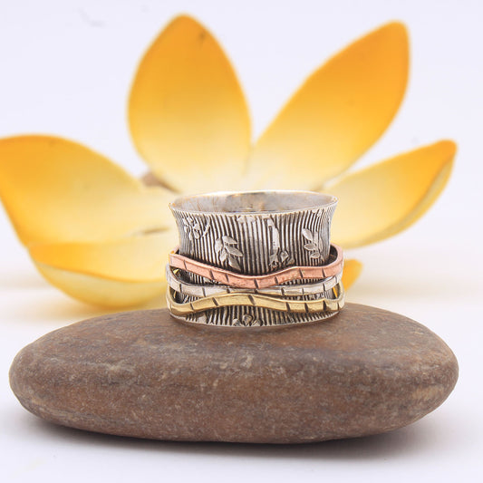 Textured Spinner Ring | 925 Sterling Silver Fidget Ring | Handmade Meditation Ring | Anxiety Relief Spinner Band