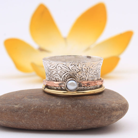Pearl Spinner Ring | 925 Sterling Silver Meditation Ring | Handmade Fidget Ring | Anxiety Ring for Women | Boho Pearl Spinner Jewelry