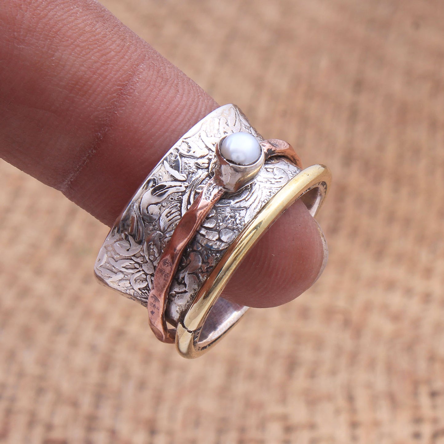 Pearl Spinner Ring | 925 Sterling Silver Meditation Ring | Handmade Fidget Ring | Anxiety Ring for Women | Boho Pearl Spinner Jewelry