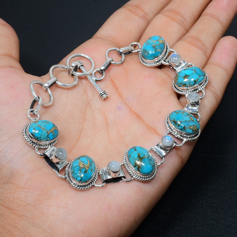 Blue Copper Turquoise Bracelet | 925 Sterling Silver | Handmade Gemstone Jewelry